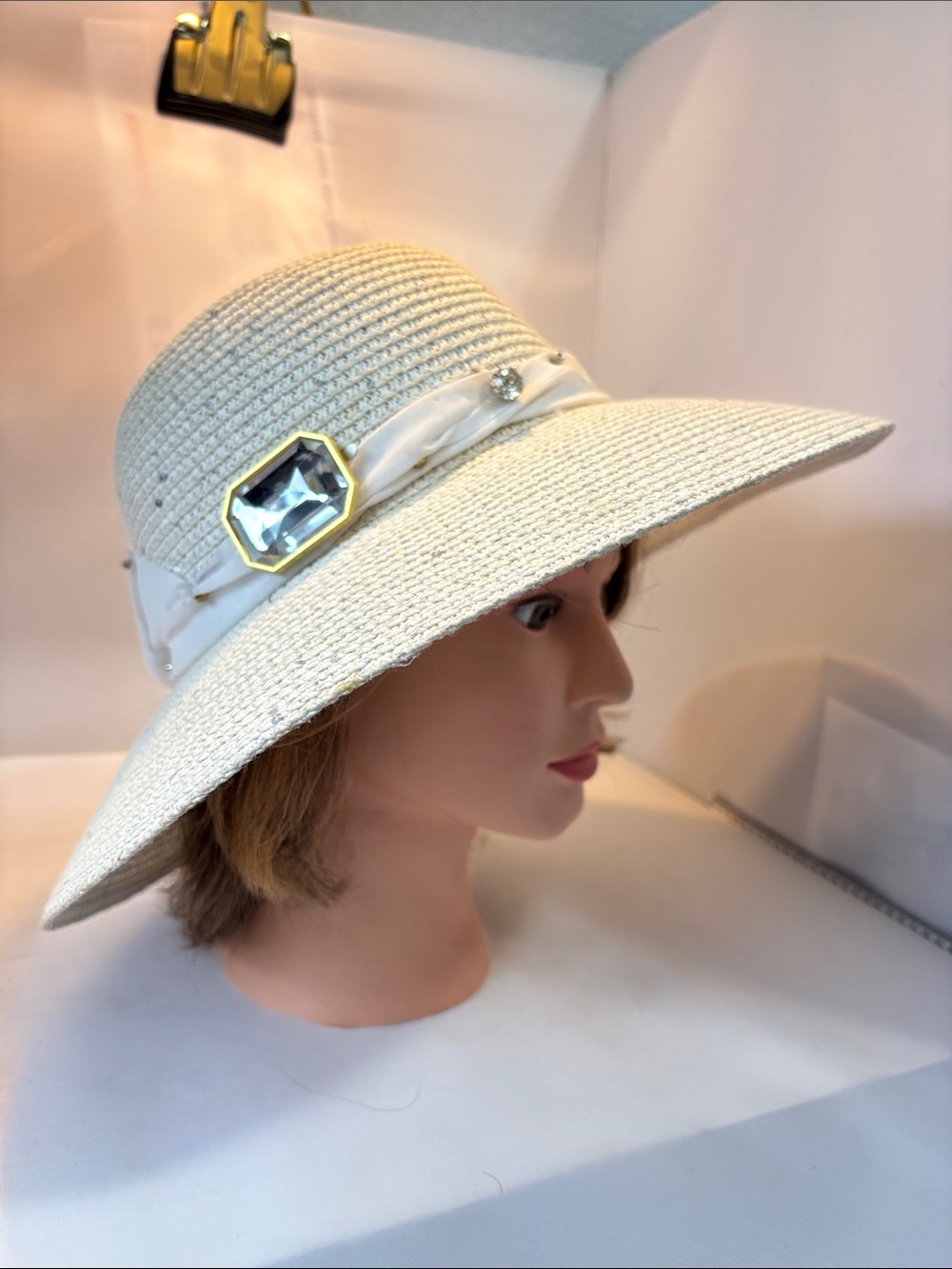 CHIC Elegant Ivory Wide-Brim Sun Hat with Decorative Gems Trim